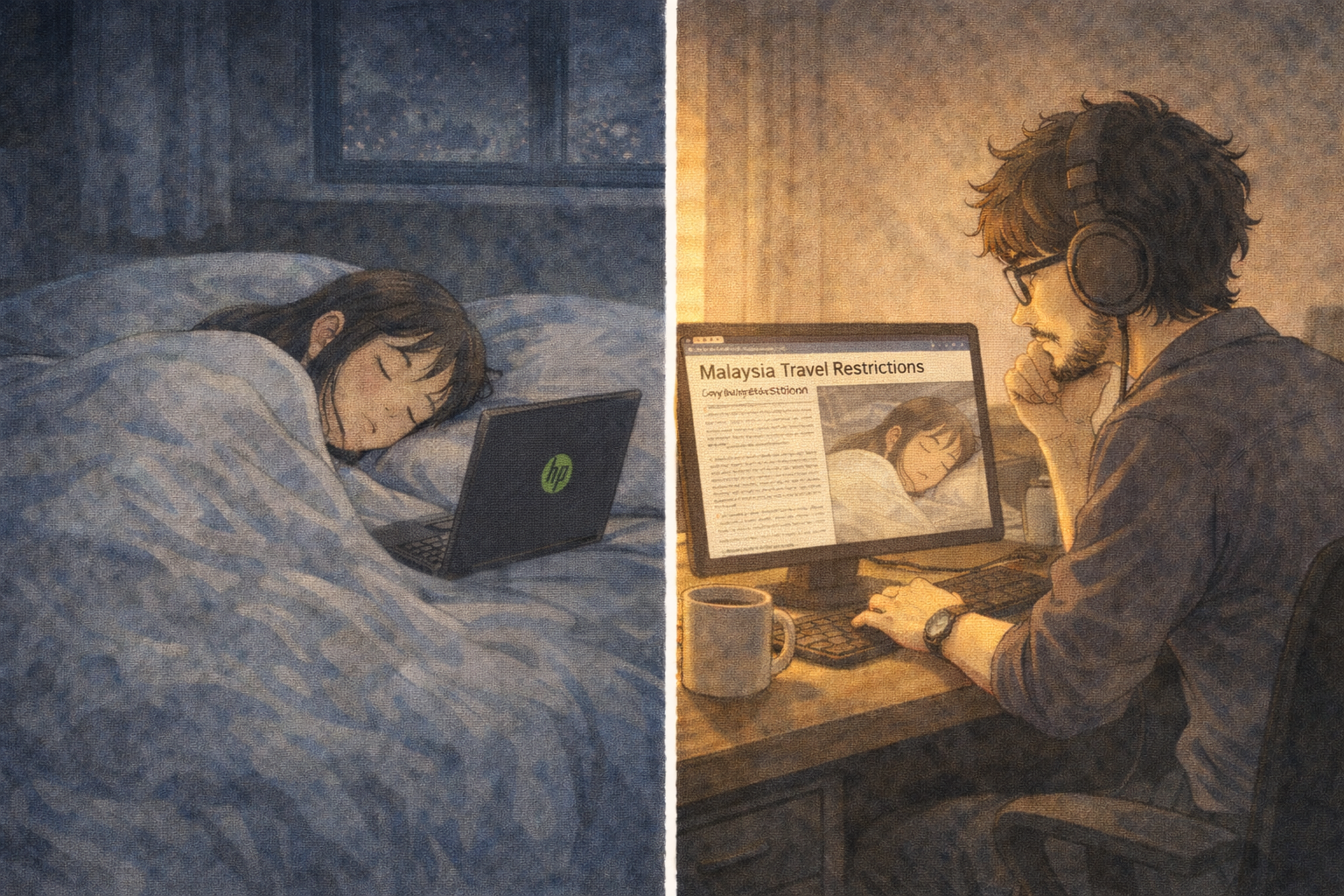 Two-panel split — Mia asleep at midnight with laptop on Skype, Faris at his desk at 7 PM watching her sleep. Two time zones, one connection.